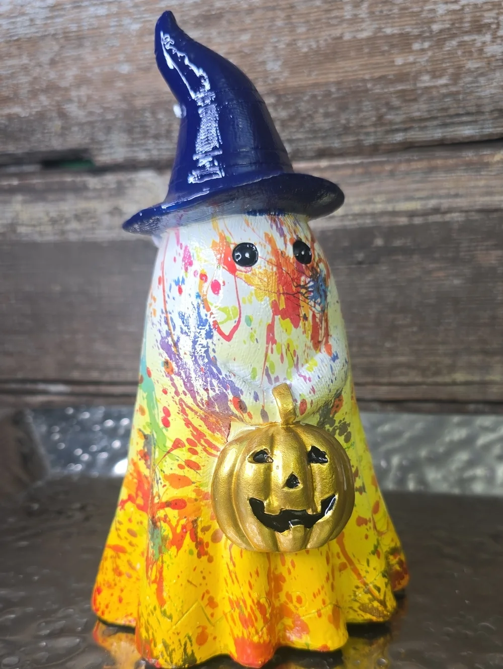 Hand-Painted Yellow Halloween Ghost Figurine with Blue Hat, NEW